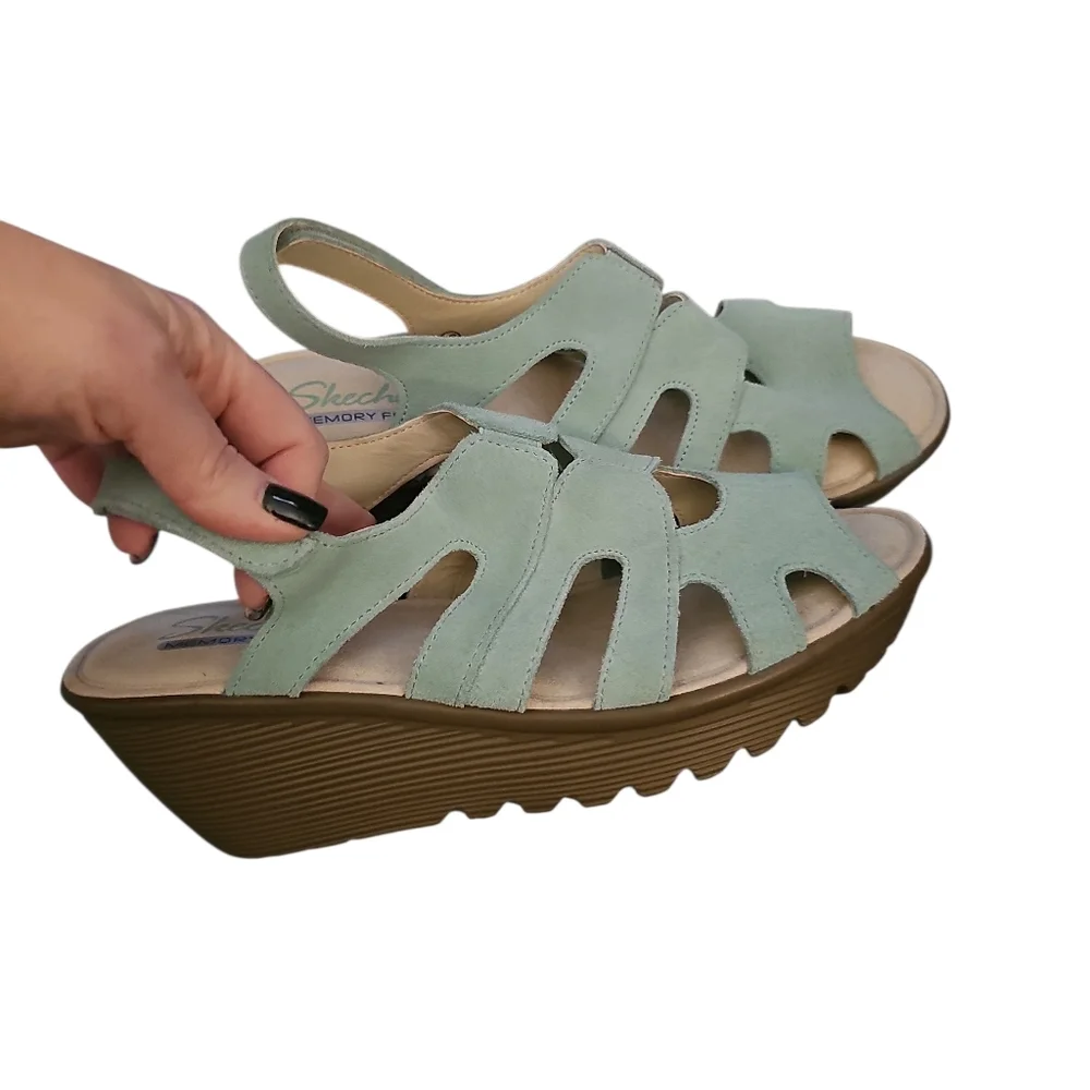 SKECHERS Shoes 9 STYLIN Memory Foam Mint Platform Wedge Slingback Suede NEW